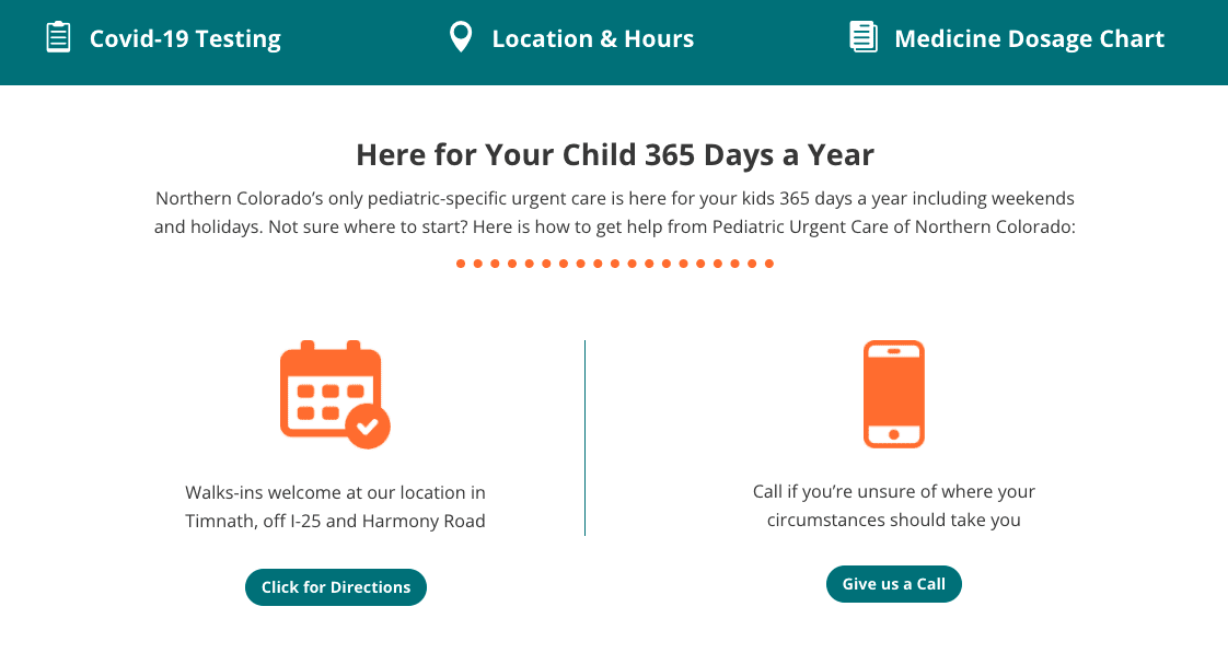 Pediatric Urgent Care website screenshot